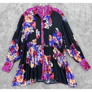 Free People Blouse XS Brunch A Bunch Tunic Mini Dress Pleated Floral New Purple